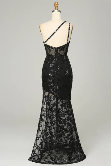 Black Sheath One Shoulder Backless Lace Long Ball Dress